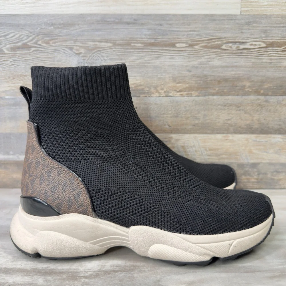 Michael Kors Katrina Women Size 8M Sock Sneaker Monogram Heel Bootie Black Brown